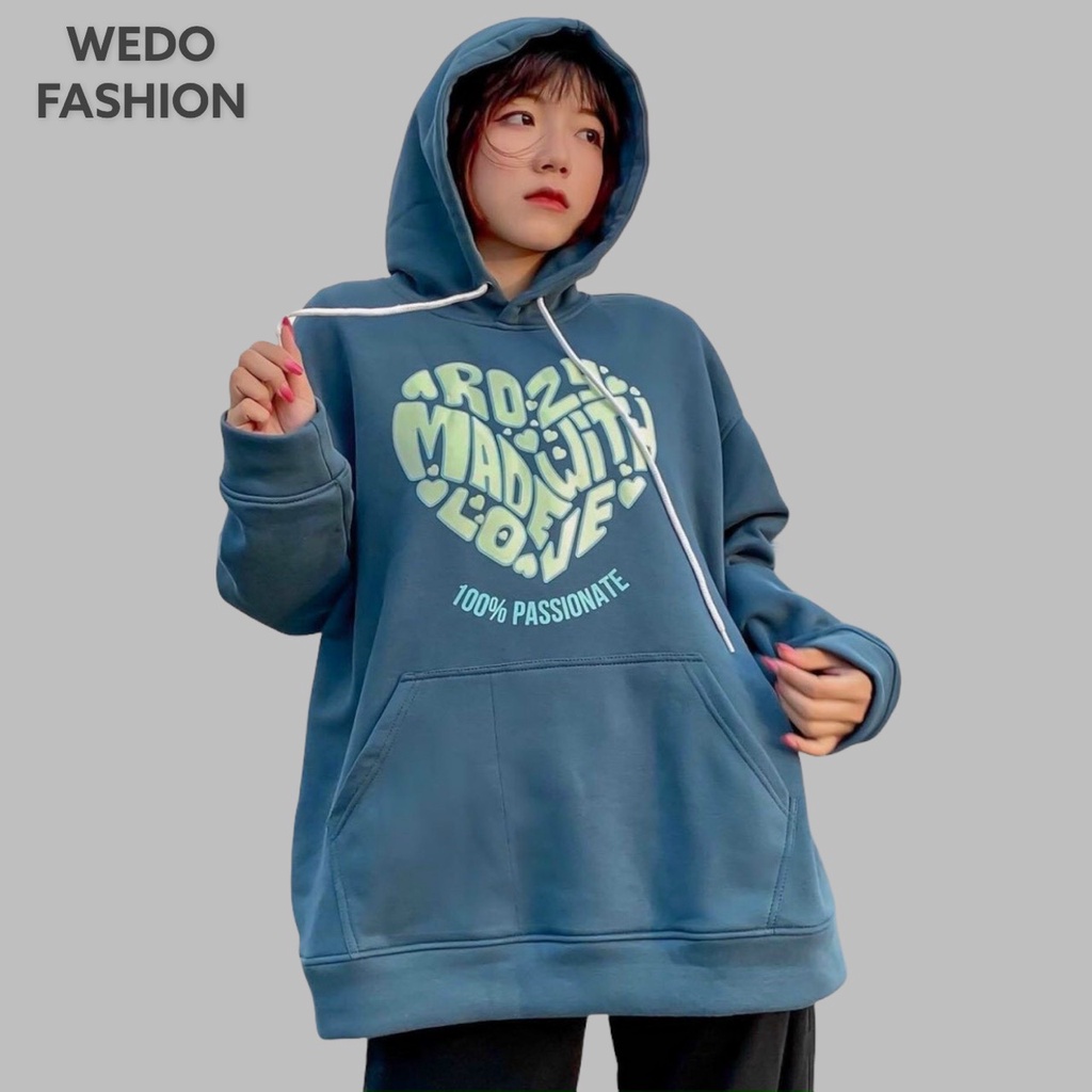 Áo hoodie MADEWHIT LOVE nữ, chất vải nỉ ngoại dày dặn phối túi form rộng sành điệu WEDO