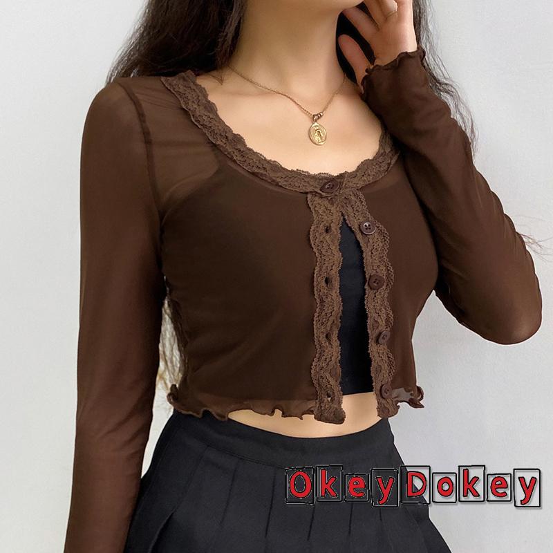 Áo Thun Tay Dài Cổ Tròn Phối Ren Dáng Rộng Xuyên Thấu Thời Trang Dự Tiệc Cho Nữ Y2K