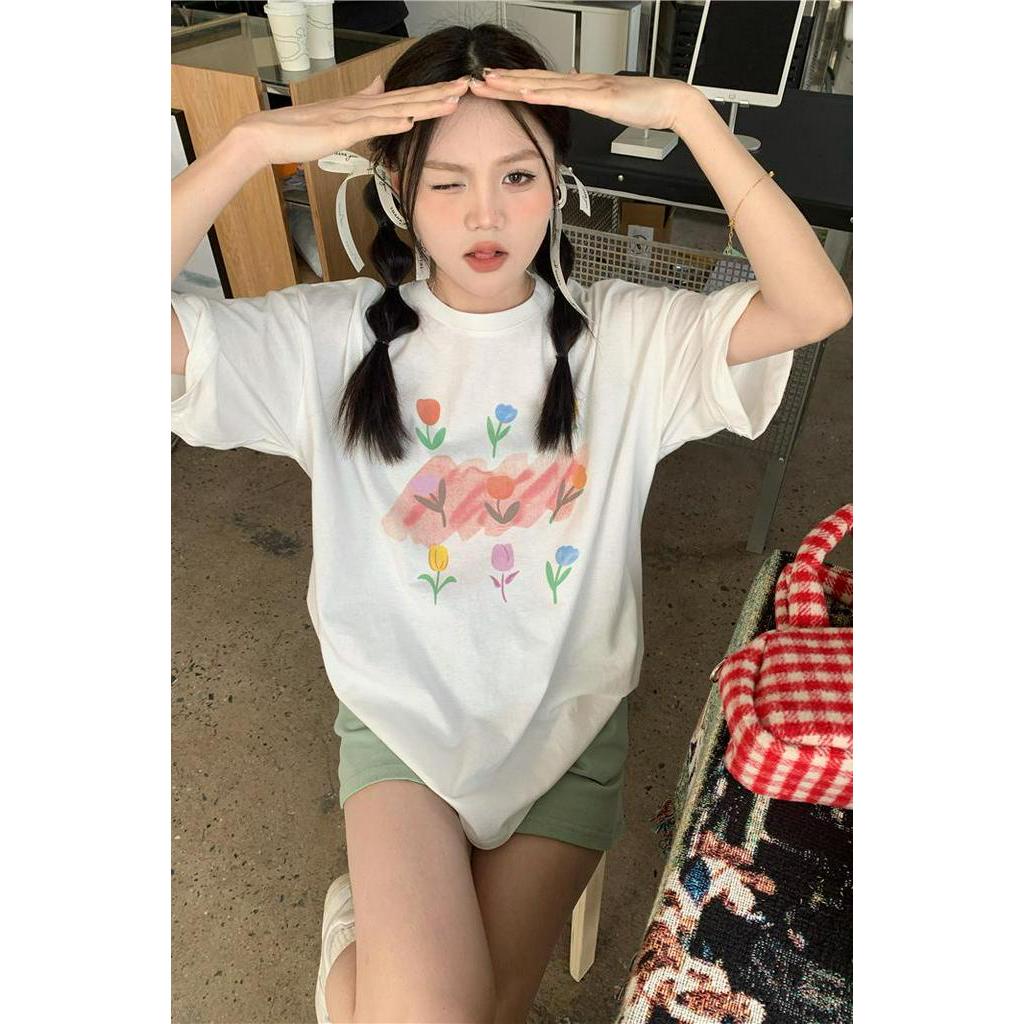 Áo Thun Dáng Rộng Ngắn Tay In Hình Hoa Tulip Thời Trang Cá Tính 61822