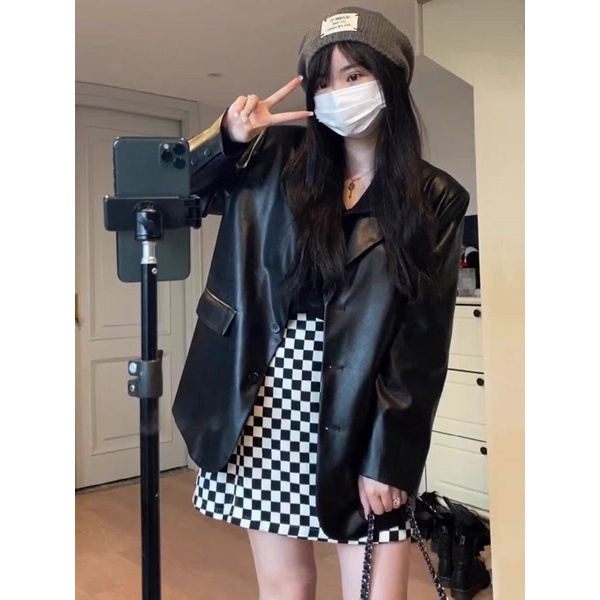 ÁO KHOÁC BLAZER VEST ĐEN + NÂU CHẤT DA LEATHER LOẠI CAO CẤP, HAI LỚP LÓT #D23