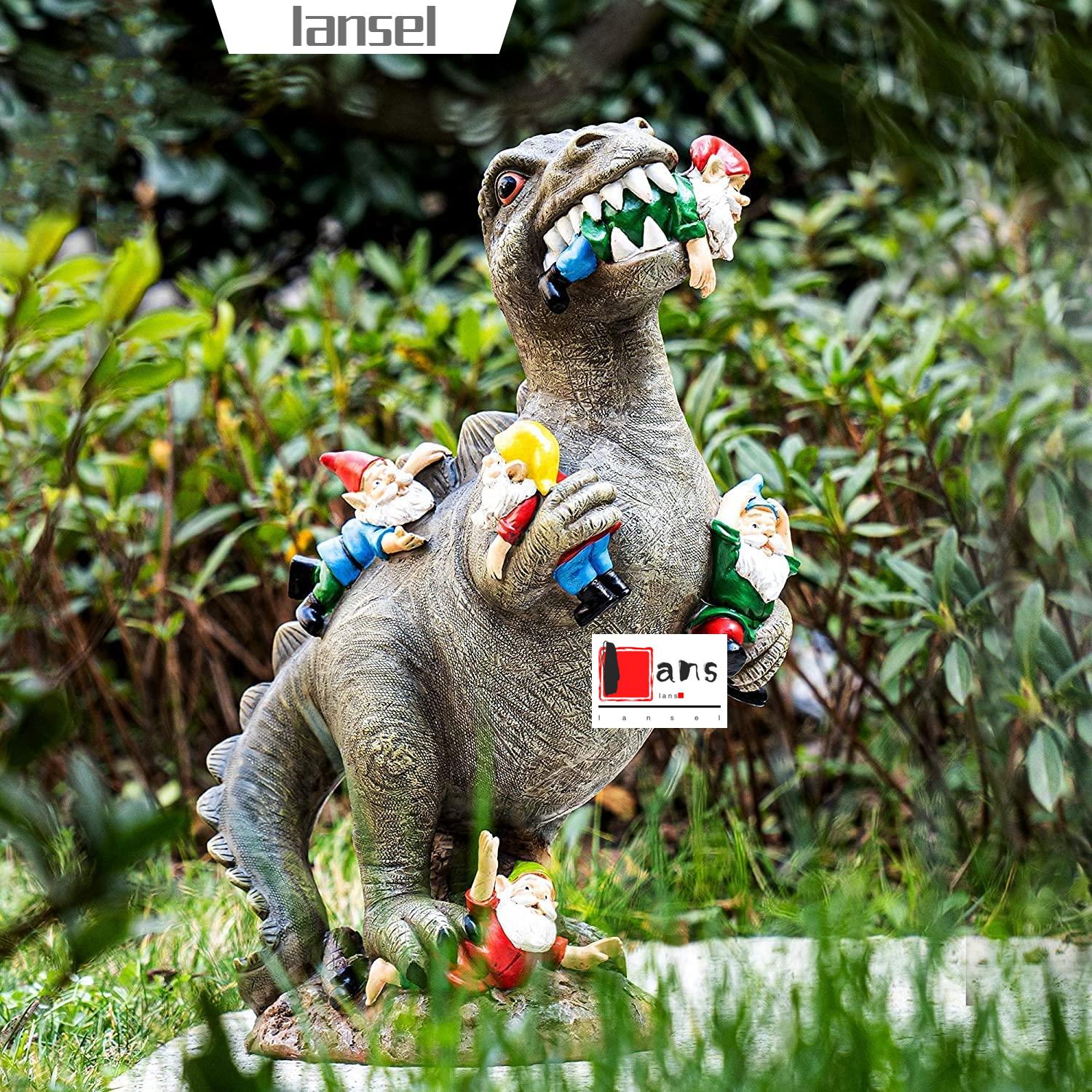 ❤LANSEL❤ Funny Garden Statue Indoor Outdoor Yard Sculpture Dinosaur Eating Gnomes Patio Lawn Art Decor Creative Cartoon Photo Props Gnomes Statue