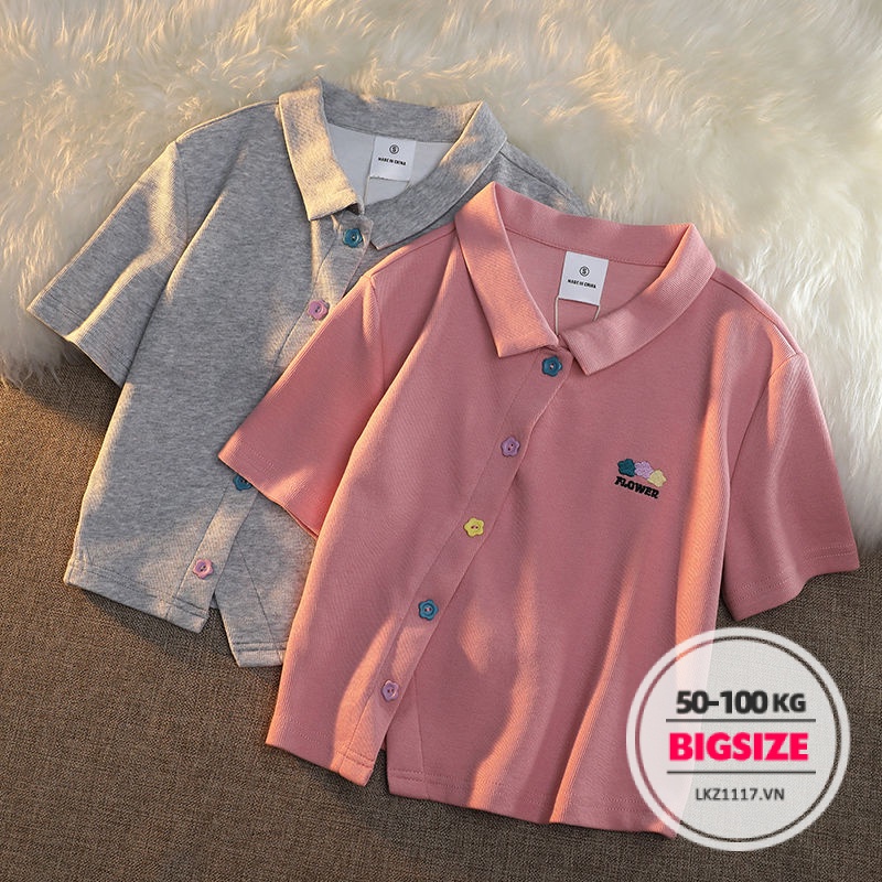 Áo thun polo Bigsize Áo kiểu nữ form rộng tay ngắn có cổ Họa tiết thêu xẻ tà mùa hè Phong cách Hàn Quốc Thời Trang tiểu thư cá tính xinh đẹp cho người mập béo