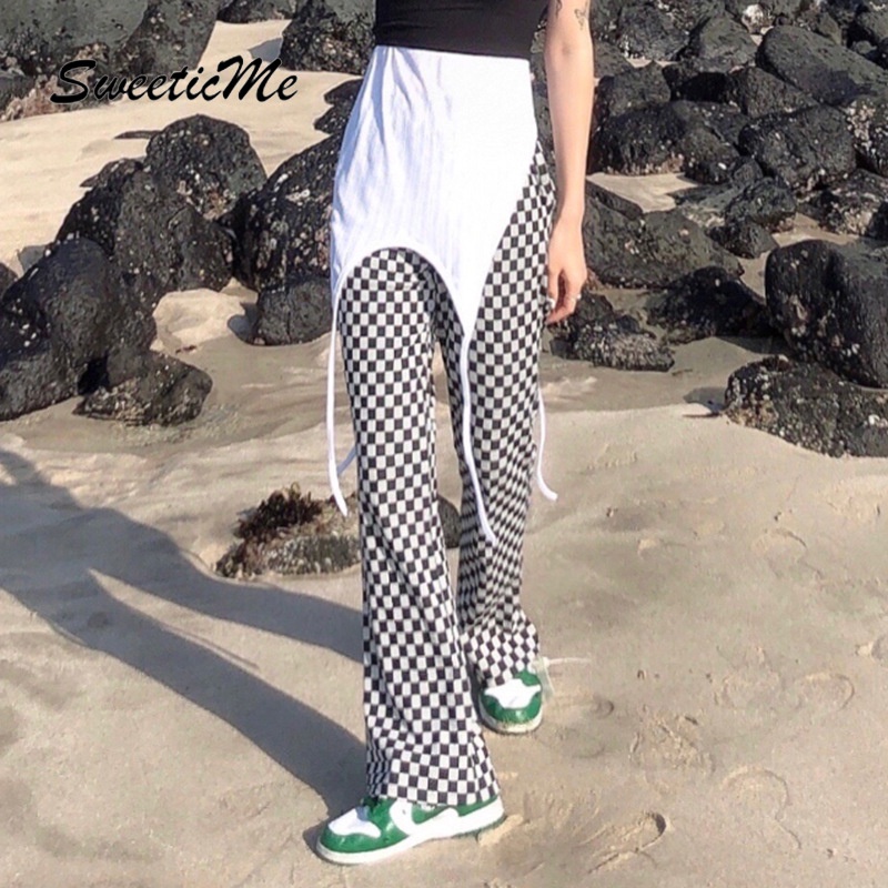 Sweeticme Quần Dệt Kim Ống Suông Họa Tiết Kẻ Sọc Tương Phản Cho Nữ