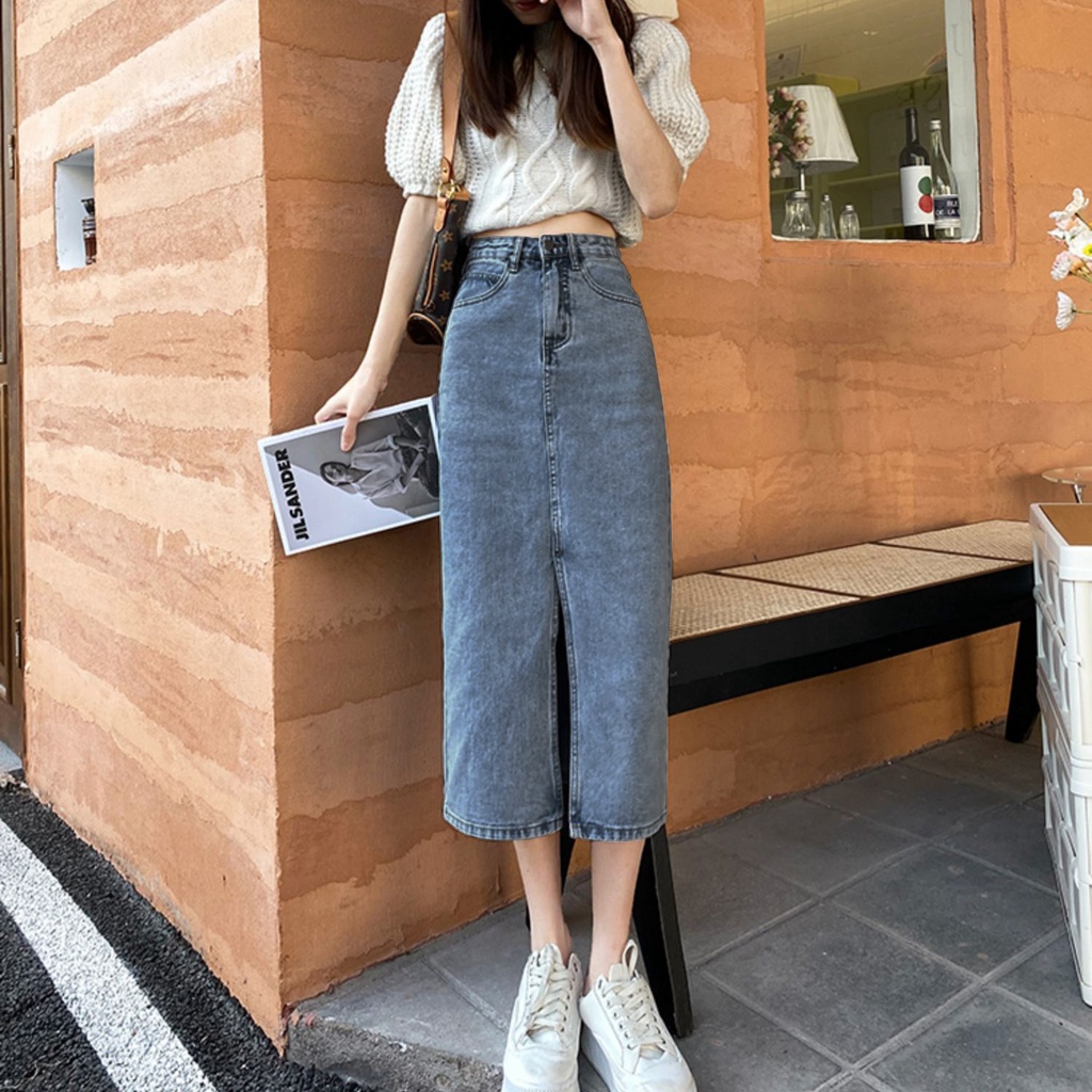 Chân Váy Midi Chữ A Eo Cao Xẻ Tà Retro Hàn Quốc Mới Mùa Hè Cho Bạn Gái