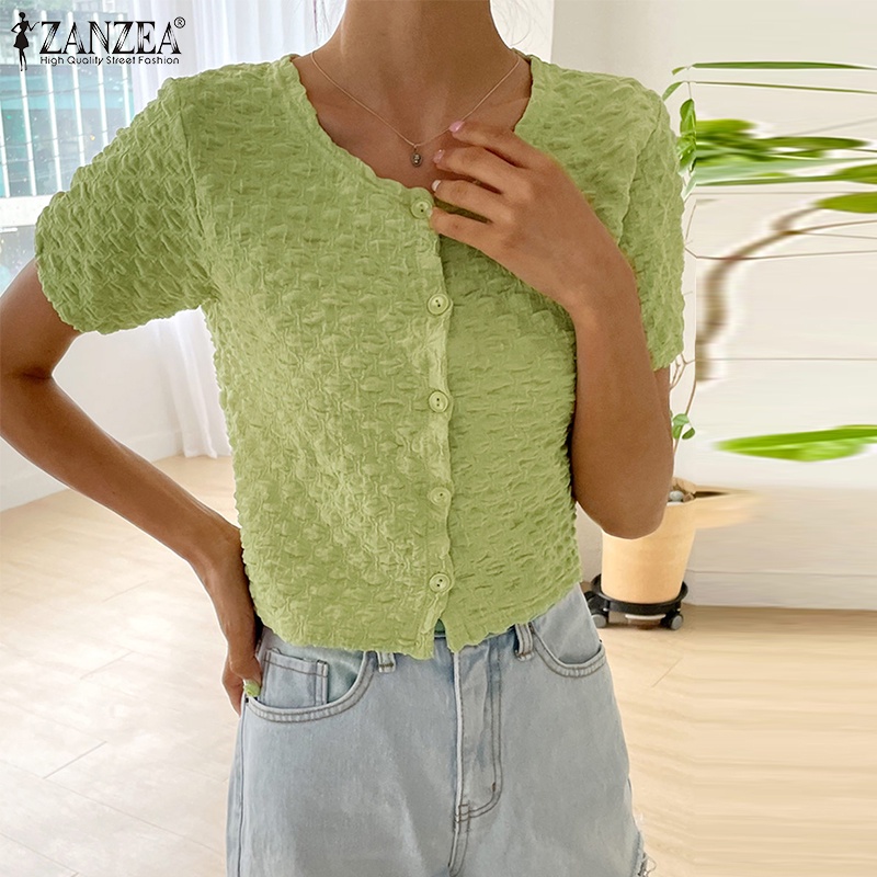 Áo ZANZEA ngắn tay cổ tròn họa tiết caro thời trang dành cho nữ