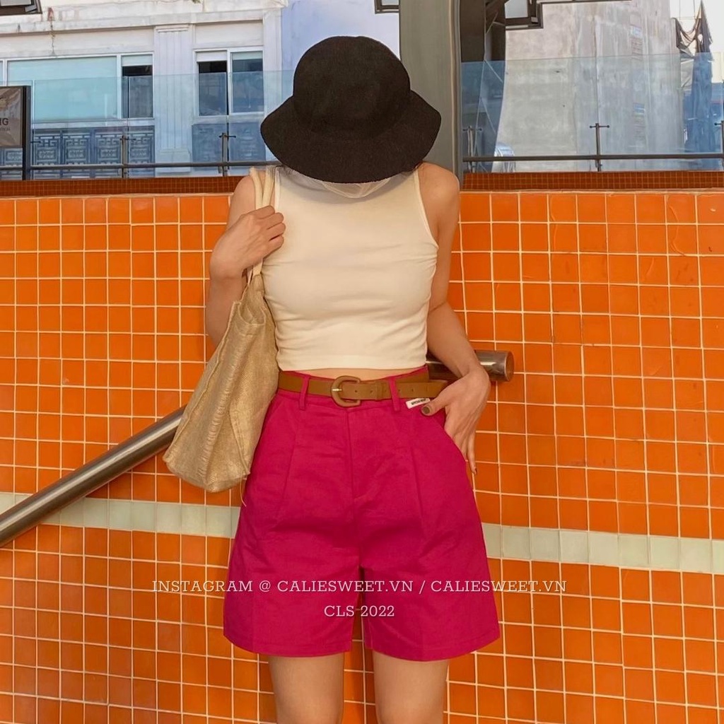 Quần đùi kaki nữ Caliesweet quần short cạp cao kèm thắt lưng da