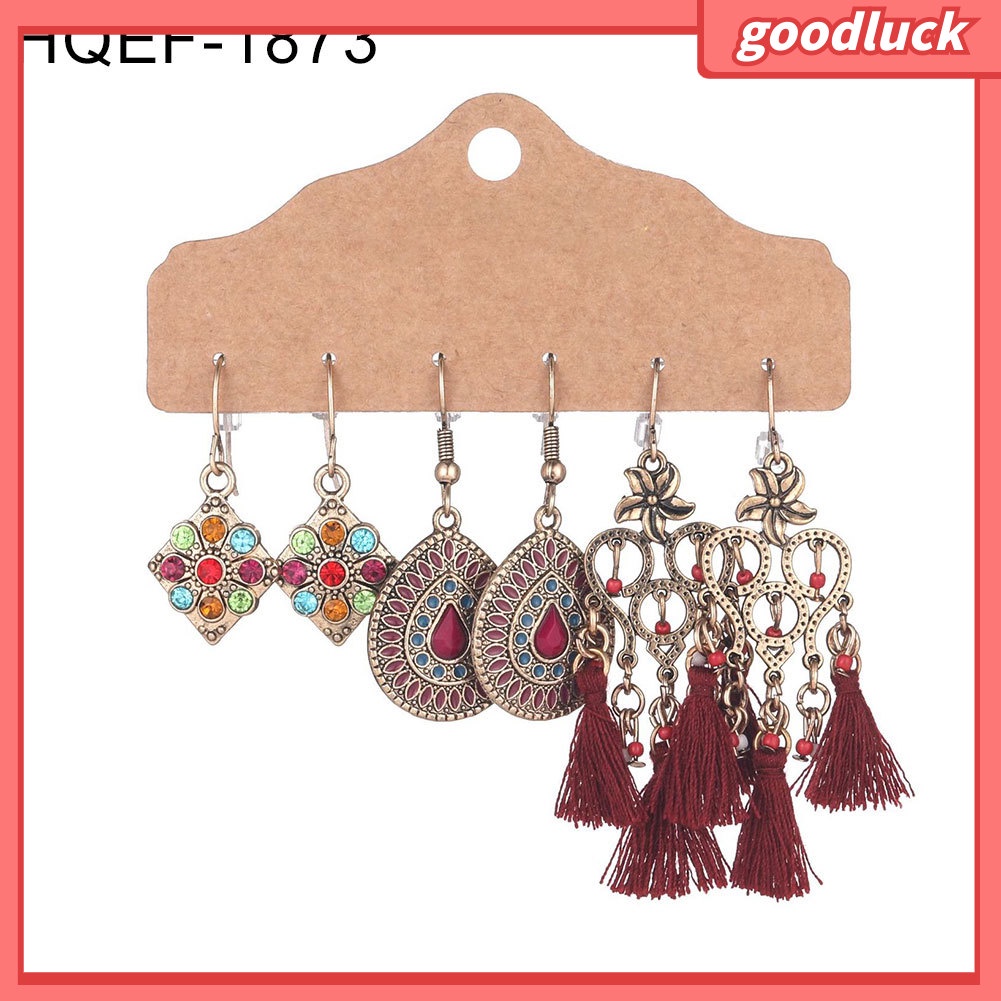 Bộ 3 đôi bông tai dáng tròn hình giọt nước có tua rua dáng treo cho nữ giới