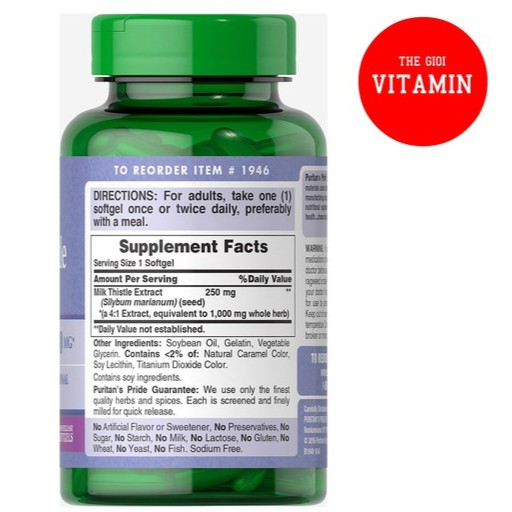 Viên uống Giải độc gan Milk Thistle Extract 1000mg- chiết xuất từ cây kế sữa 180 viên- nhập khẩu từ Mỹ