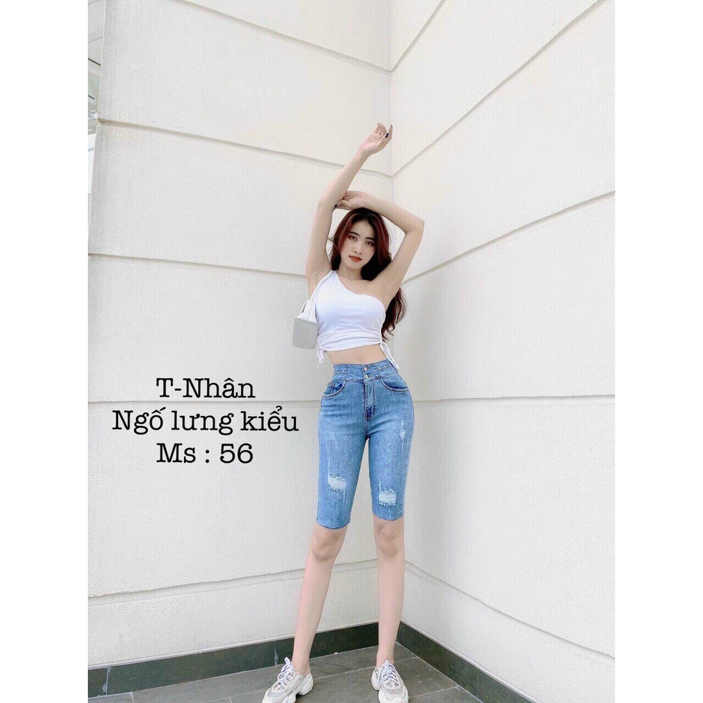 Quần jean ngố lưng cao có độ co dãn chất vải jean dày dặn kiểu lưng đinh eo