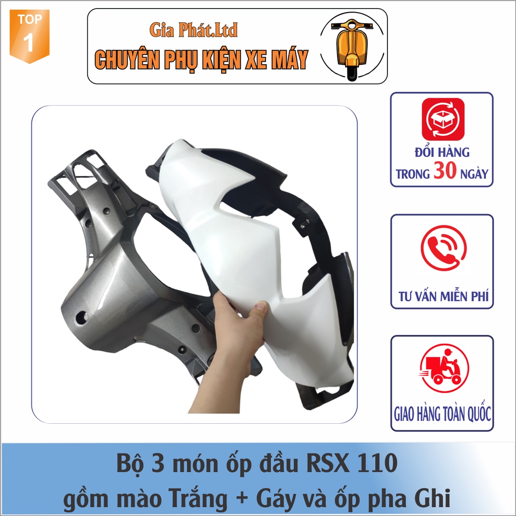 Combo ốp đầu Wave RSX 110  gồm Mào TRẮNG - Gáy GHI - và Pha đèn kèm bóng