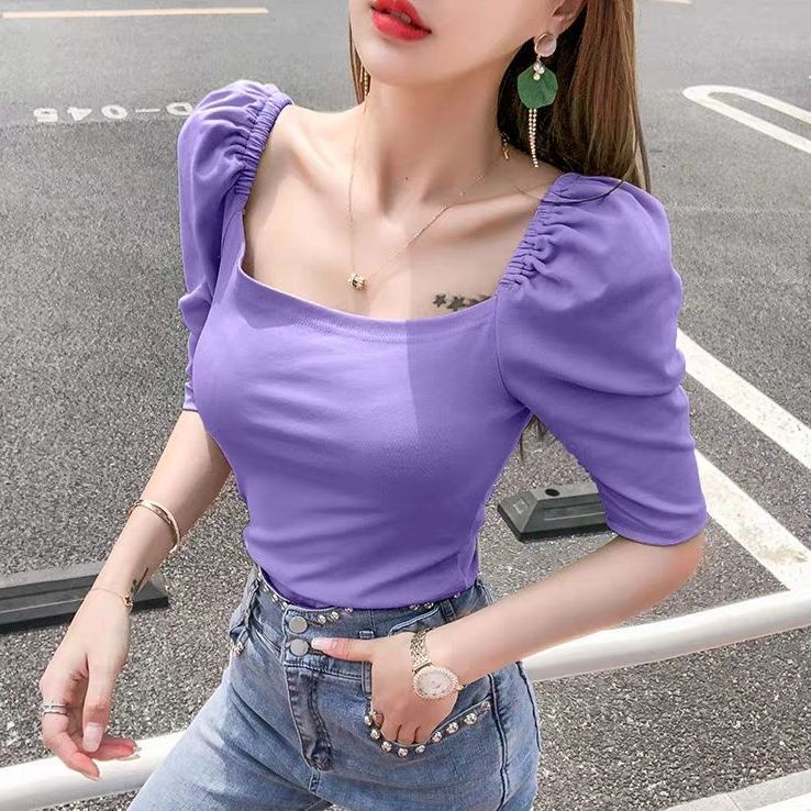 Áo Thun Tay Ngắn Phồng Cổ Vuông Lưng Cao Thời Trang Mùa Hè 2022 Cho Nữ