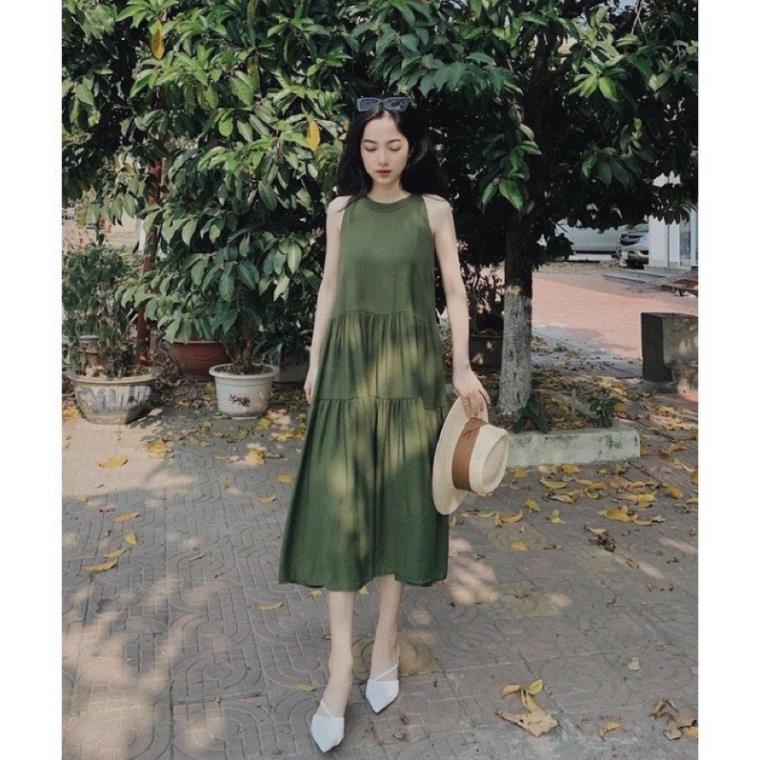 Áy kiểu nữ đi biển Váy maxi đũi mềm cổ yếm dáng babydoll xòe tầng cực xinh