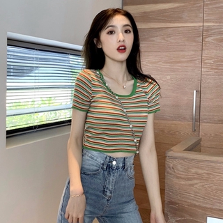 Áo Croptop Tay Ngắn Hoạ Tiết Kẻ Sọc Phong Cách Hàn Quốc