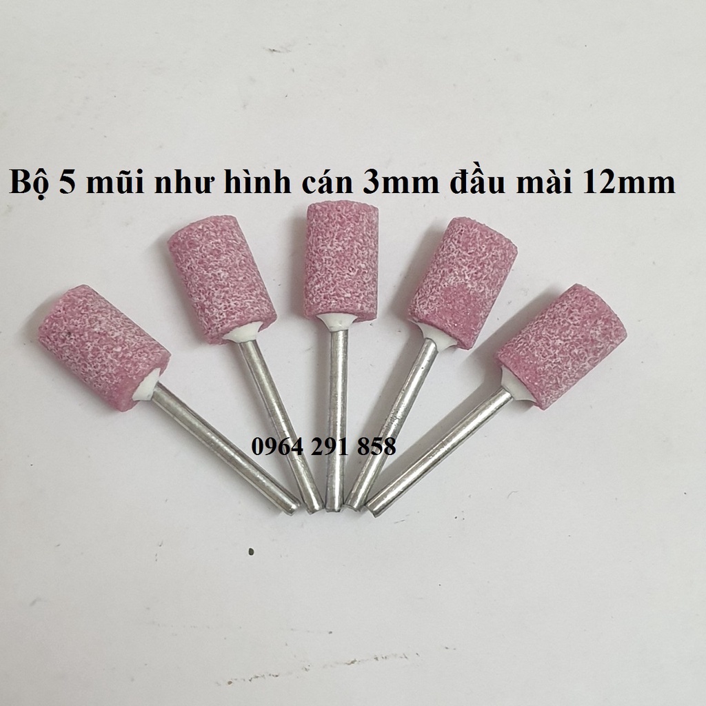 đá mài mini hình trụ đầu 12mm trục 3mm - bộ 5 mũi mài