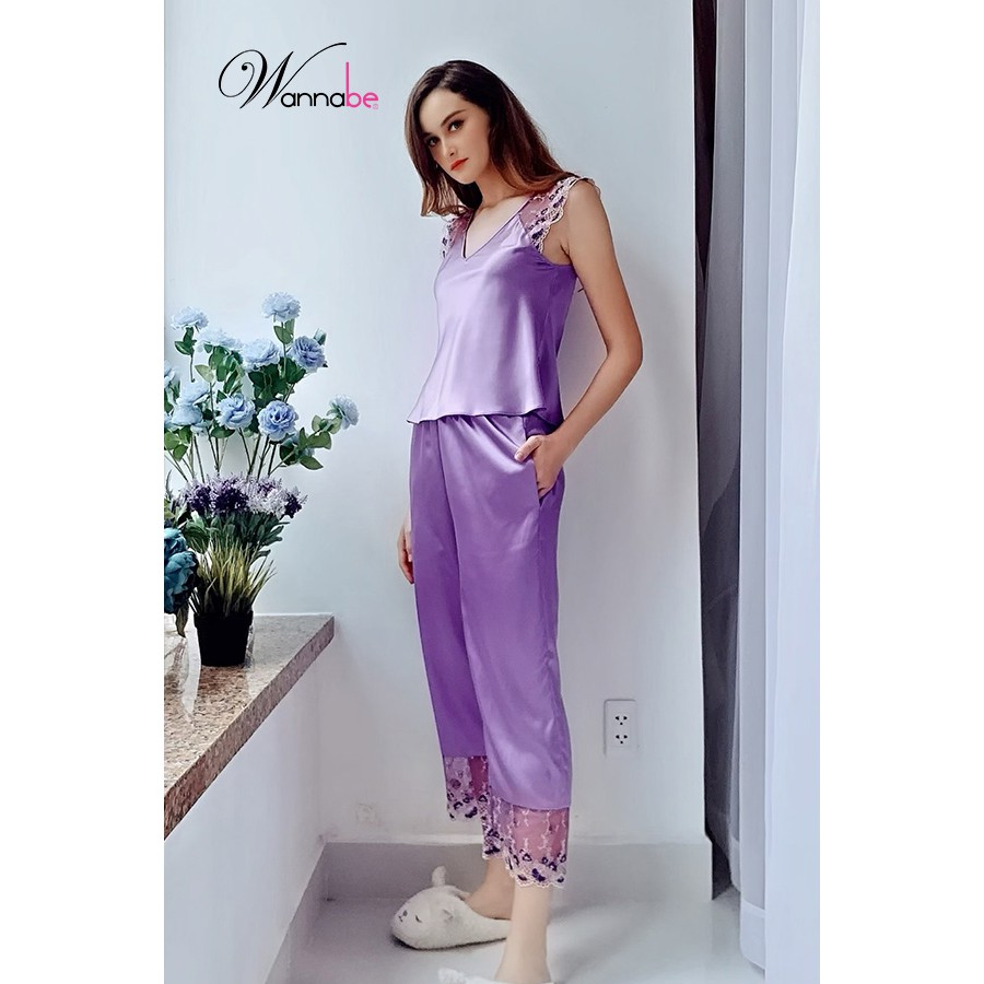 Đồ bộ mặc nhà phi lụa Wannabe bộ dài bds06 phối ren hoa tay áo nhẹ nhàng quý phái