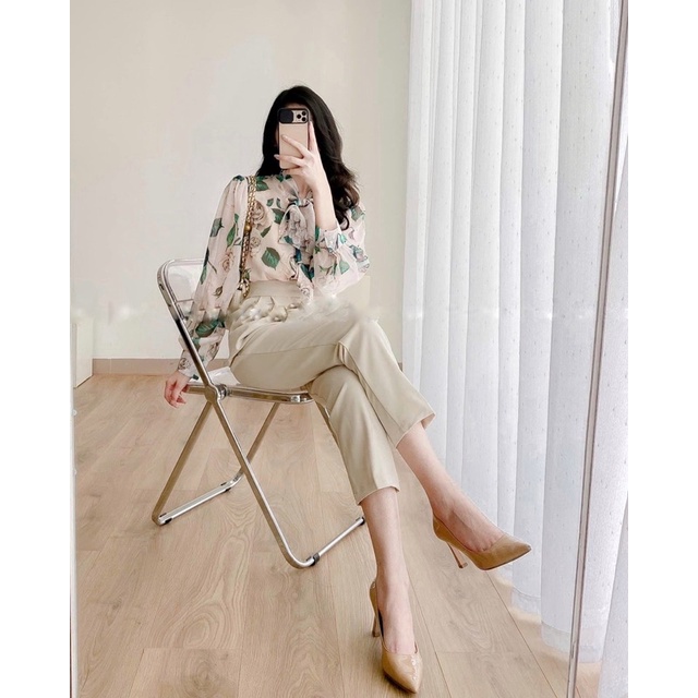 Sơ mi hoa cổ nơ tay phồng, Sơ mi tơ hoa mềm mịn | BigBuy360 - bigbuy360.vn