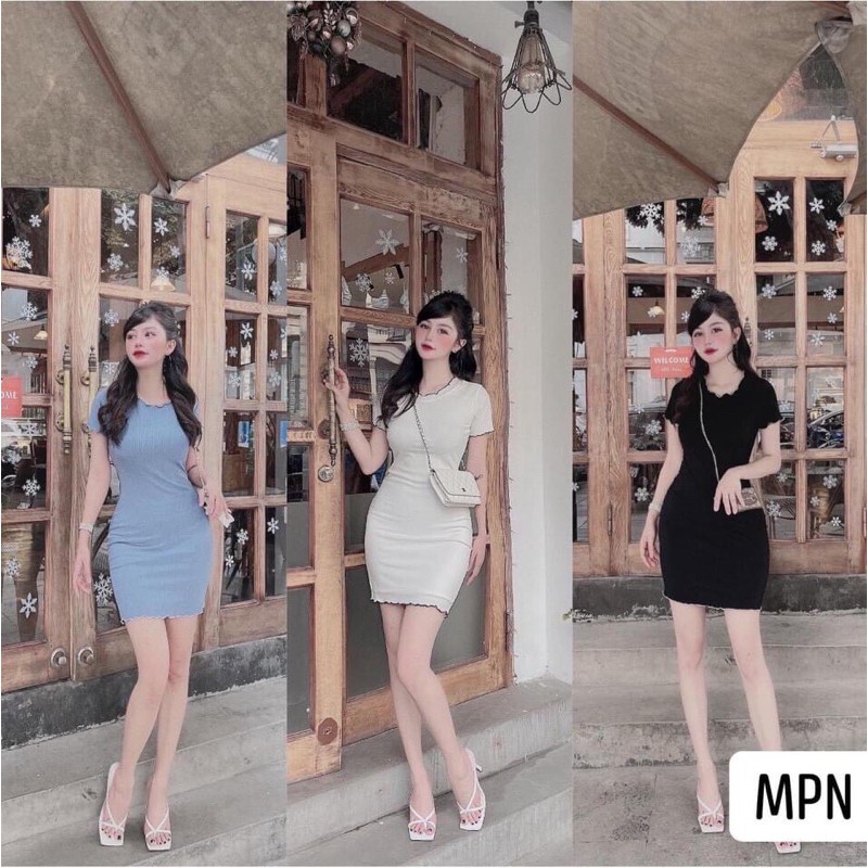 Đầm tay ngắn cổ tròn cuốn biên phối chỉ