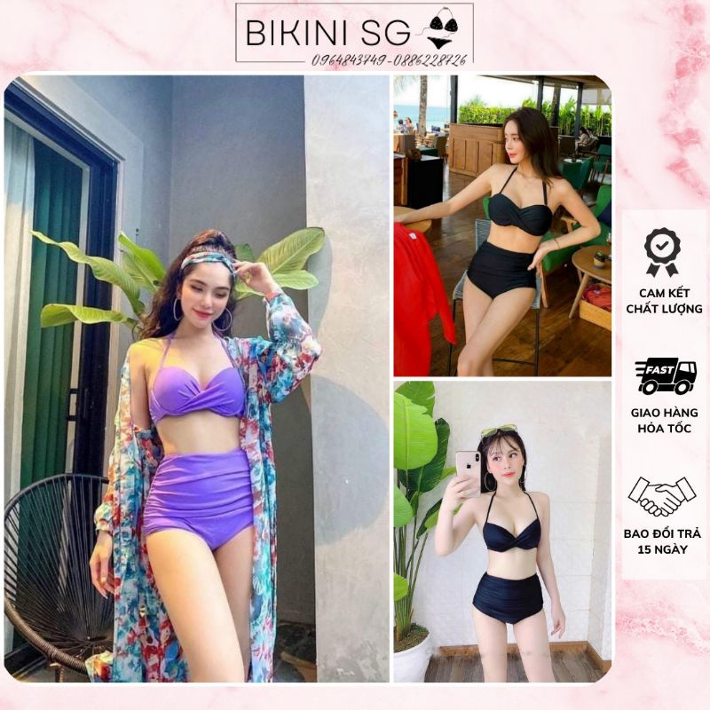 (hàng loại 1) Đồ bơi nữ bikini nữ 2 mảnh xoắn ngực áo mút dày độn nâng ngực phối quần cạp cao tôn dáng