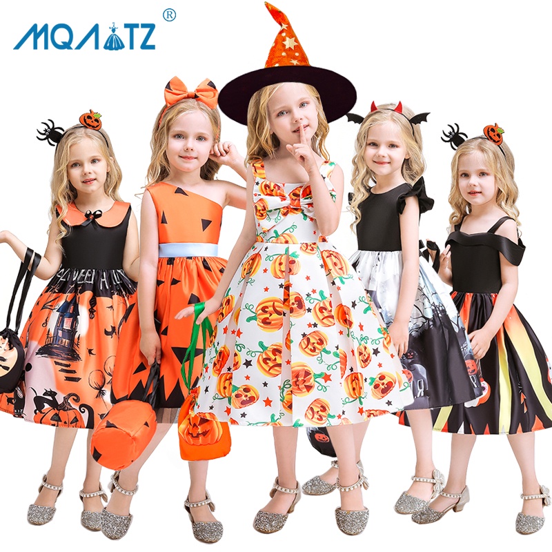 Set đầm MQATZ WS013 3 món hóa trang công chúa ma bí ngô halloween có túi xách cho bé gái