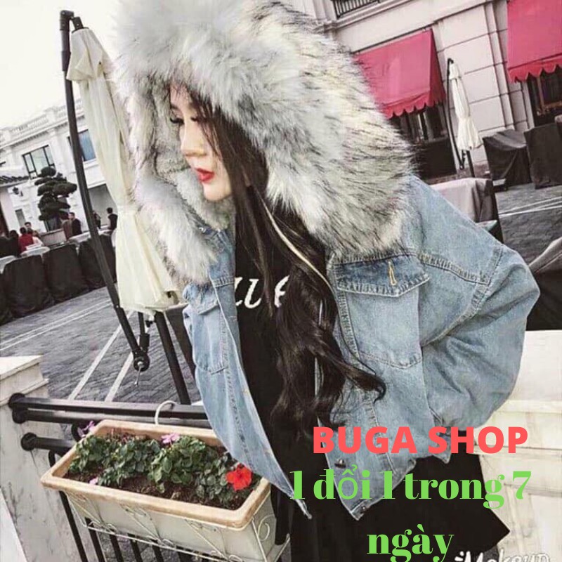 Áo khoác bò lót lông mũ lông nữ, áo khoác thời trang mùa đông, áo khoác jeans.