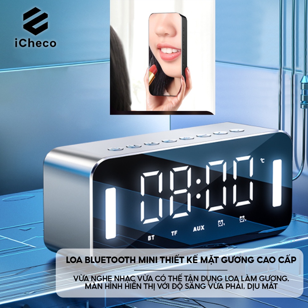 Loa bluetooth mini để bàn ICHECO LB01 tích hợp đồng hồ báo thức hỗ trợ nghe FM, radio