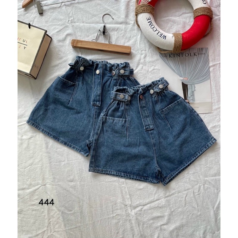 Quần short jean lưng chun hàn quốc ống rộng hai màu phối nút