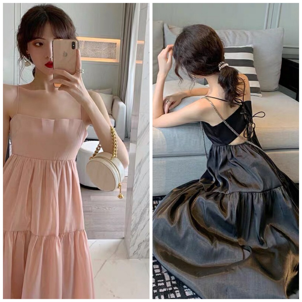 Đầm dự tiệc tơ ánh kim 3 tầng  sang trọng có đen và hồng nude DG 4259