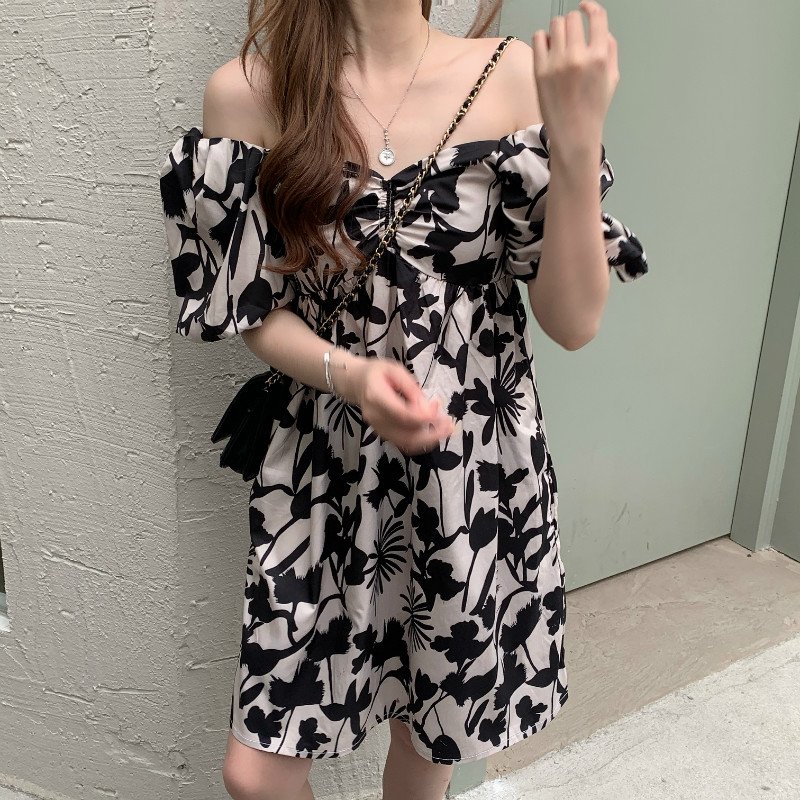 SUXI Đầm tay ngắn trễ vai hoạ tiết hoa phong cách retro