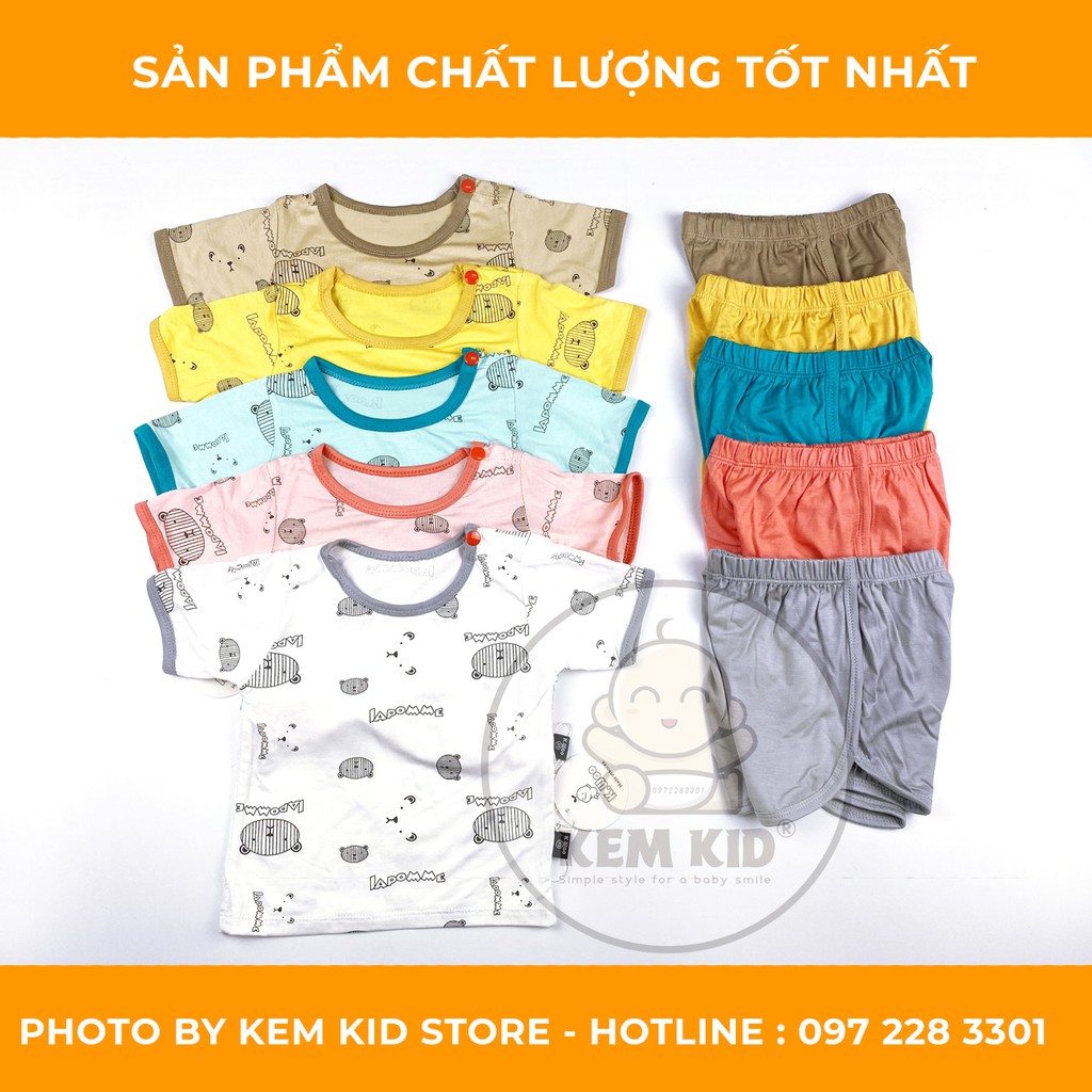 Bộ Thun bộ cộc hình gấu Lapomme viền màu, mềm mịn, thấm hút, mát mẻ cho bé yêu