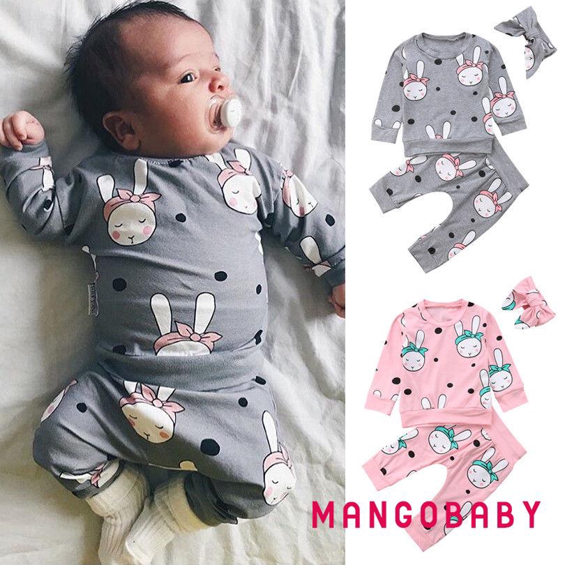 Bộ 3 Cái Gồm Áo Thun In Hình Thỏ + Quần + Băng Đô Cho Bé Sơ Sinh, Bé Gái