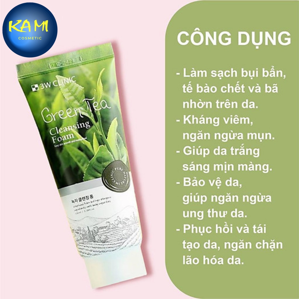 Sữa rửa mặt trà xanh green tea 3w clinic 100ml - KAMI - cho da dầu, da khô, da hỗn hợp, trắng sáng da ngừa mụn