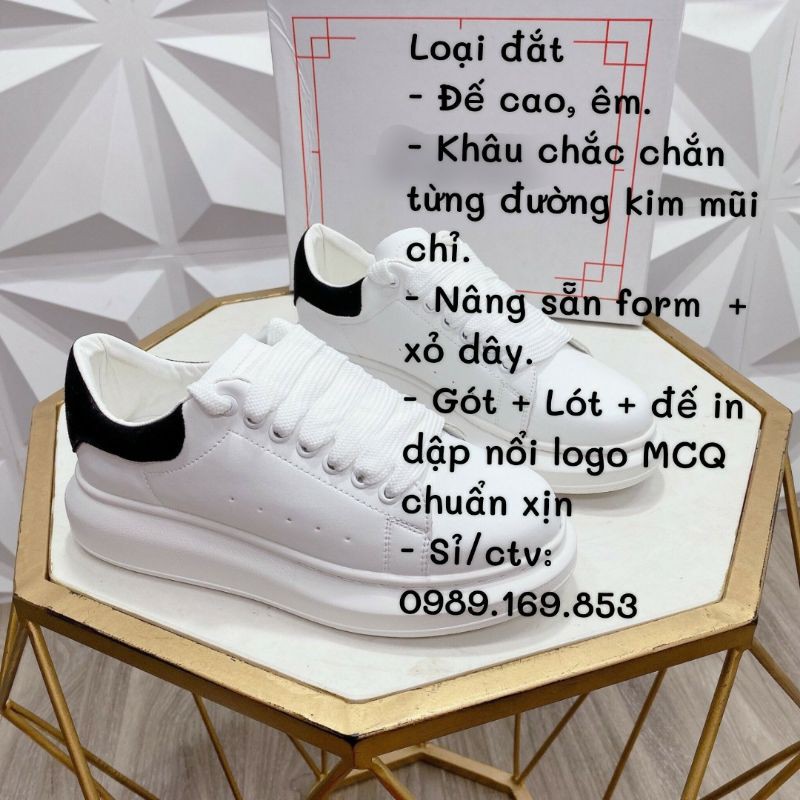 {Có Sẵn) Giày thể thao Nữ Nam Trắng Đế Cao MCQ Gót Nhung Đen Có size Nam nữ (Size 36-43)  Bản Dây Lụa (Form rộng)