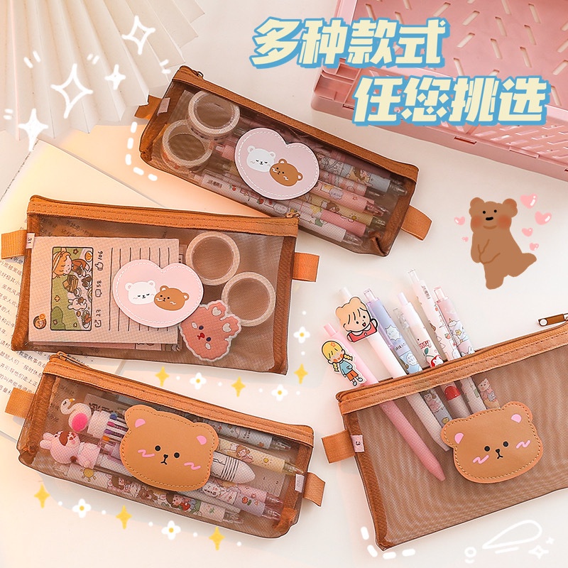 Túi Đựng Bút Trong Suốt Sức Chứa Lớn Họa Tiết Gấu Dễ Thương Phong Cách Nhật Bản