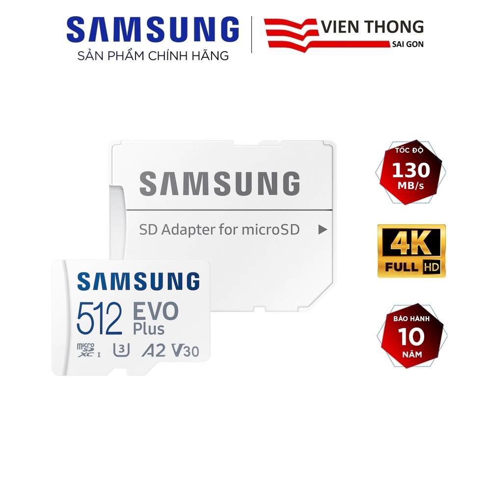 Thẻ nhớ microSDXC Samsung Evo Plus MB-MC512KA 512GB upto 130MB/s C10 U3 kèm Adapter (Bảo hành 10 năm)