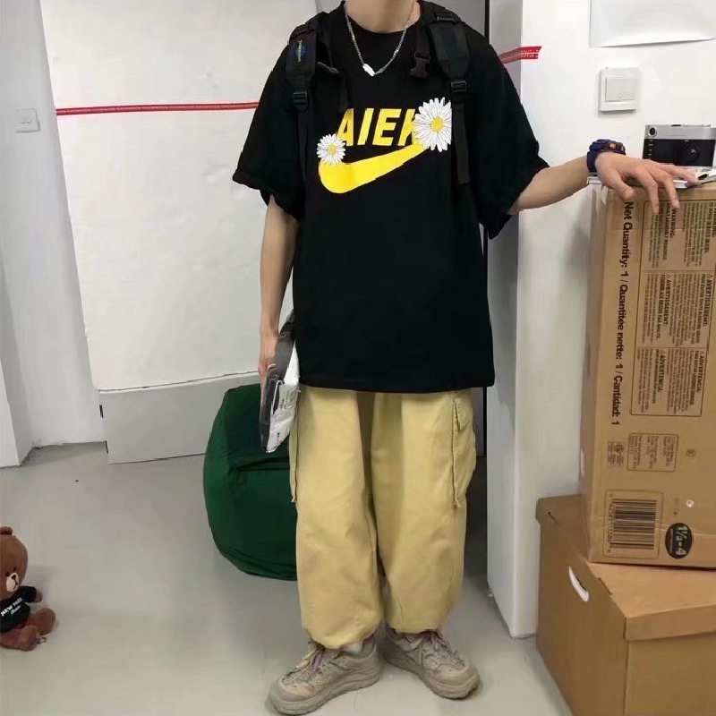 Áo Thun Tay Ngắn Dáng Rộng In Hình Biểu Tượng Cảm Xúc Kiểu Hip-Hop Đường Phố Nhật Bản Cá Tính Cho Nam