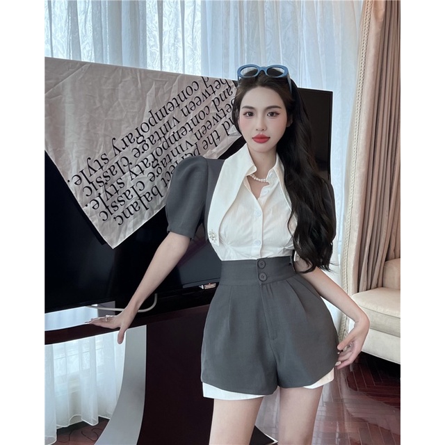 Set áo sơ mi quần lưng cao koreastyle