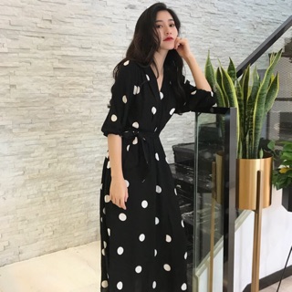 (Order-7days) Váy đen chấm bi kèm đai thắt eo ❤️❤️❤️ Kèm ảnh thật