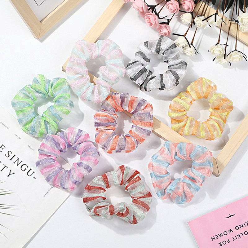Dây cột tóc co giãn bọc vải chiffon mềm kẻ sọc màu xinh xắn cho nữ