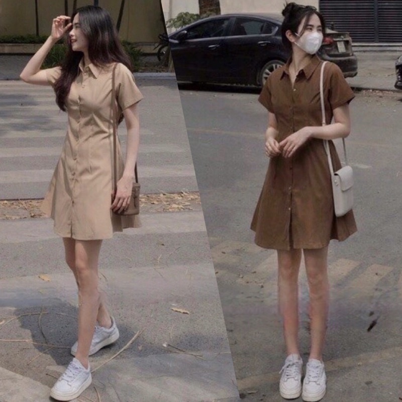 Váy sơ mi cổ đức chất kaki 2 da nhiều màu chun sau co giãn túi thật hai bên siêu tôn dáng phong cách công sở