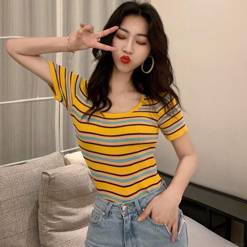 Áo Thun Tay Ngắn Cổ Chữ U Họa Tiết Kẻ Sọc Thời Trang Hàn Quốc