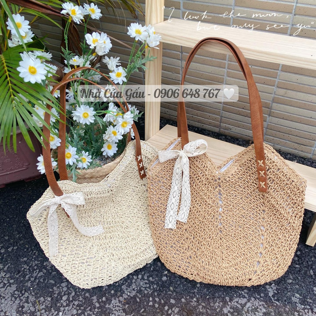 Túi cói tròn dây da form to mix nơ ren phải nói xinh xỉu luôn í