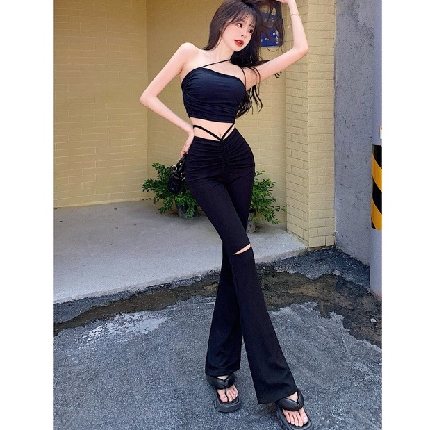 Quần Ôm Loe Cắt Gối Dây Đan Chéo Eo LSEOUL Q0211 Chất Cotton Dày Dặn Thoáng Mát Tôn Dáng