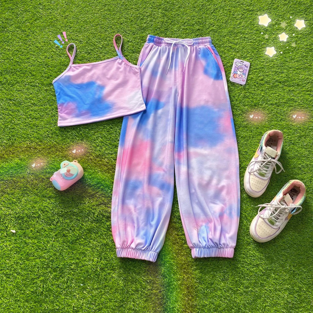 Set đồ bộ mùa hè áo croptop & quần jogger lưng thun loang màu da cá cao cấp không ra màu - Hình Thật