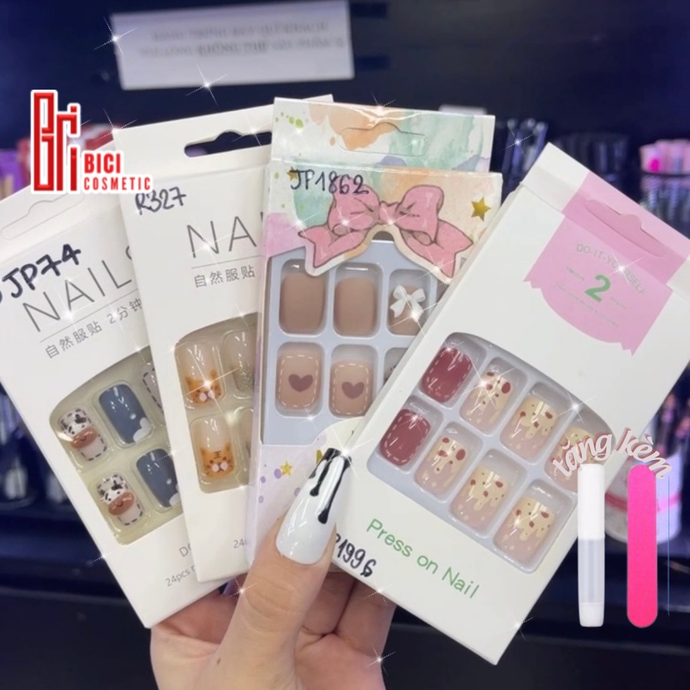 Set 24 Móng Tay Giả Đính Hạt, Đá Cao Cấp Nails Box Nội Địa Trung Tặng Kèm Keo Dán + Dũa Móng