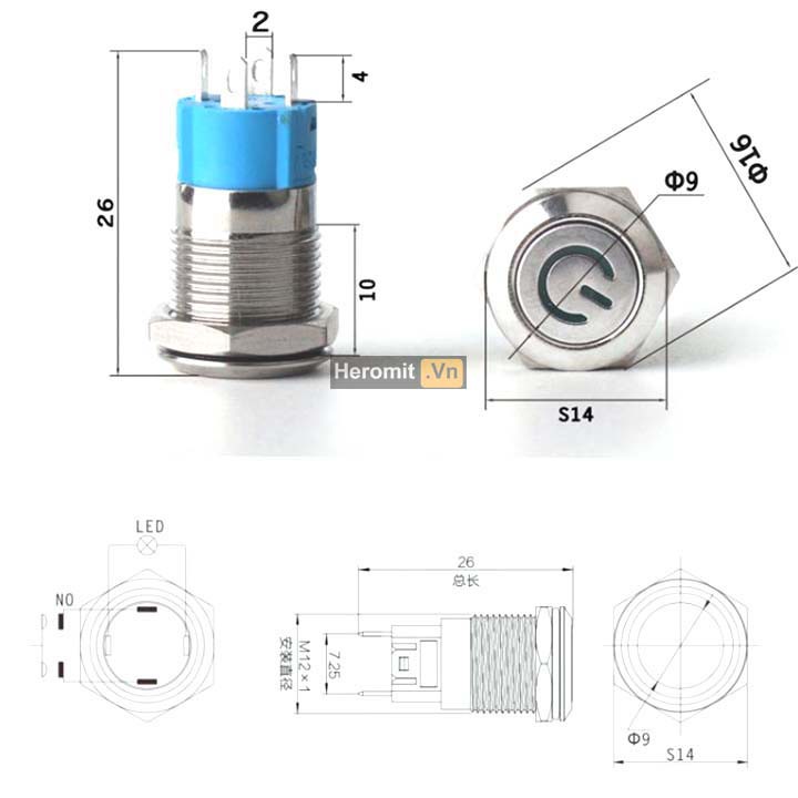 Nút nhấn nguồn 16mm , nút nhấn giữ led 5-24VDC