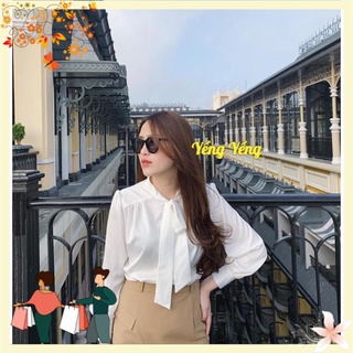 Anu446 - áo sơ mi nữ lụa trắng cổ nơ dài tay cúc ngọc