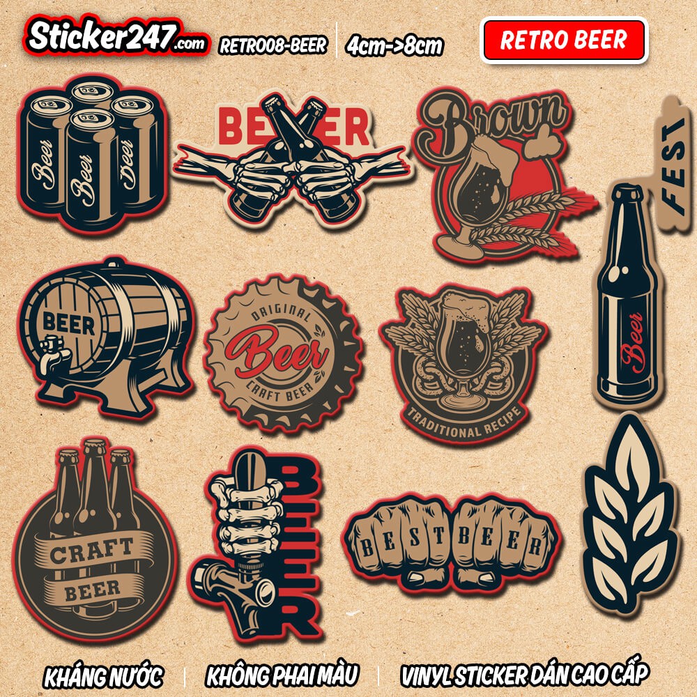 Sticker Retro Beer 𝑭𝒓𝒆𝒆𝒔𝒉𝒊𝒑 độc đẹp, chống nước sticker dán laptop, điện thoại, đàn guitar, dán mũ bảo hiểm, vali...