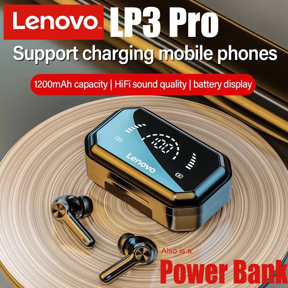 Lenovo LP3 Pro TWS Tai nghe Bluetooth 5.1 Powerbank Màn hình LED chống ồn Tai nghe thể thao