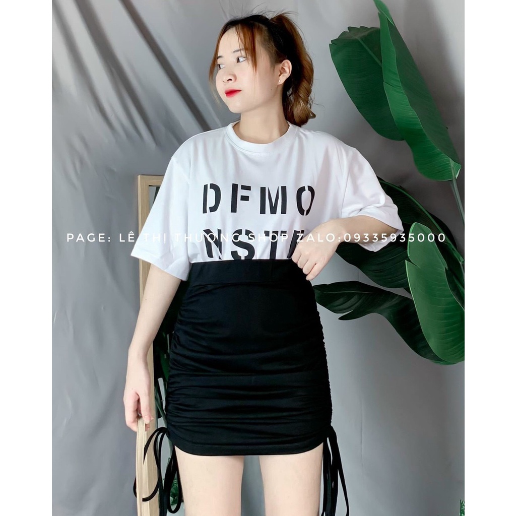 set áo thun in chữ kèm chân váy rút mk