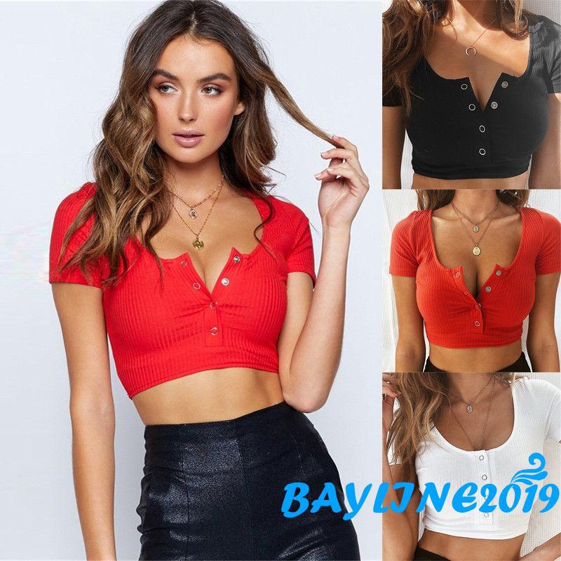 Áo Croptop Tay Ngắn Thiết Kế Cổ Chữ V Gợi Cảm Sành Điệu Cho Nữ